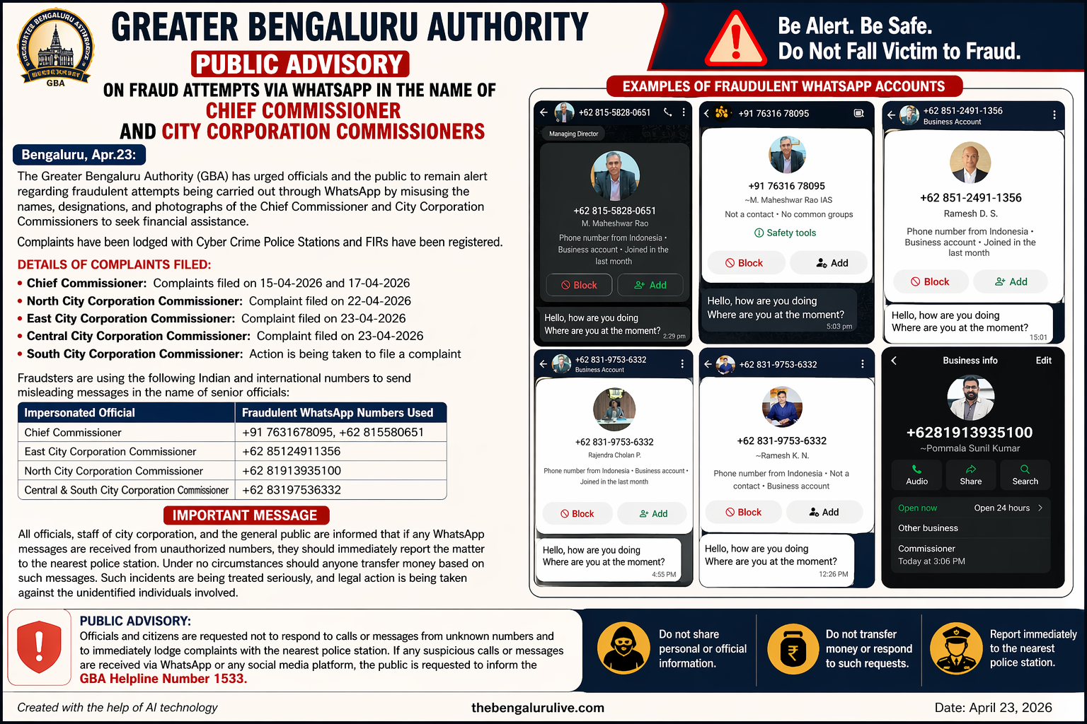 Bengaluru Fraud Alert: Scammers Impersonate Top Civic Officials on WhatsApp, GBA Issues Citywide Advisory