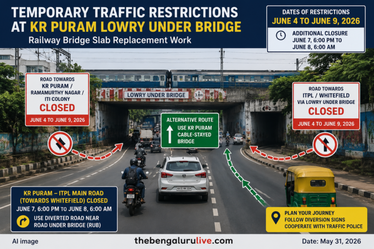 Temporary Traffic Curbs at KR Puram Lowry Under Bridge from June 4 for Railway Bridge Slab Replacement Work