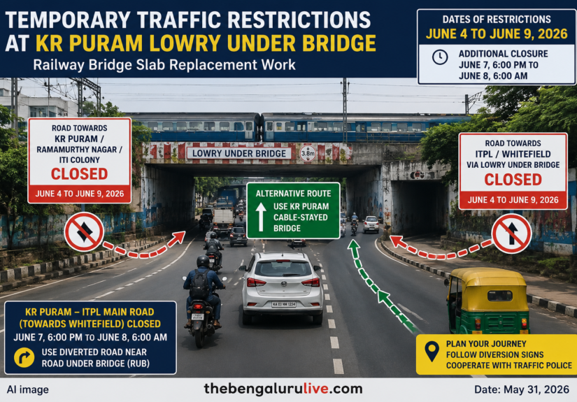 Temporary Traffic Curbs at KR Puram Lowry Under Bridge from June 4 for Railway Bridge Slab Replacement Work