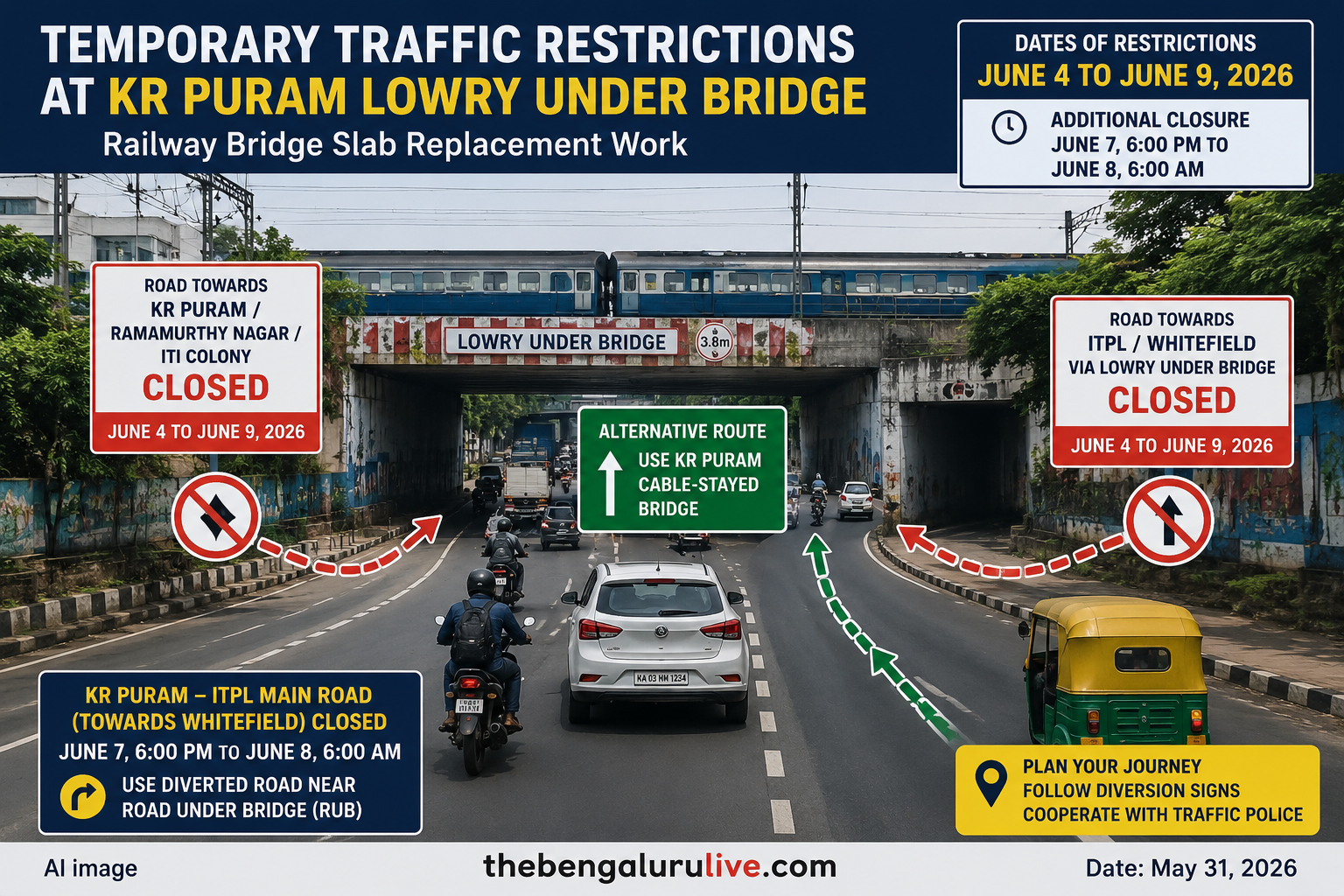 Temporary Traffic Curbs at KR Puram Lowry Under Bridge from June 4 for Railway Bridge Slab Replacement Work