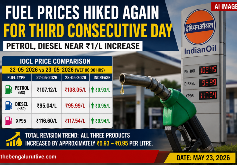 Fuel Prices Hiked Again for Third Consecutive Day; Petrol, Diesel Near ₹1/L Increase