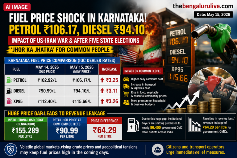 Petrol Jumps to ₹106.17, Diesel to ₹94.10 in Karnataka After US-Iran War Shock; Massive ₹64 Per Litre Price Gap Triggers Revenue Leakage