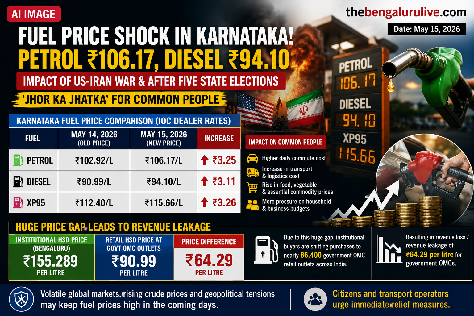 Petrol Jumps to ₹106.17, Diesel to ₹94.10 in Karnataka After US-Iran War Shock; Massive ₹64 Per Litre Price Gap Triggers Revenue Leakage