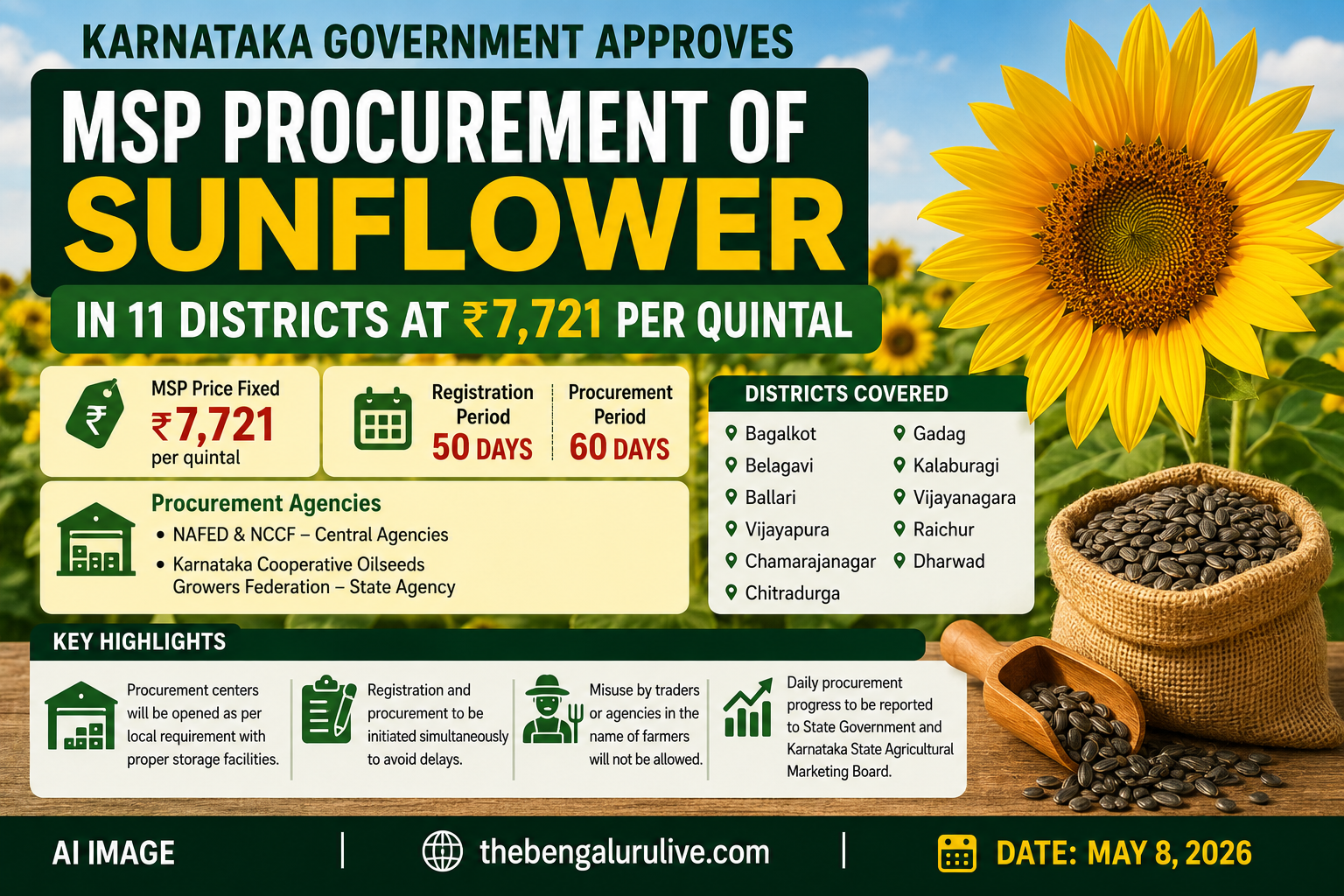 Karnataka Govt Approves MSP Procurement of Sunflower in 11 Districts at ₹7,721 Per Quintal