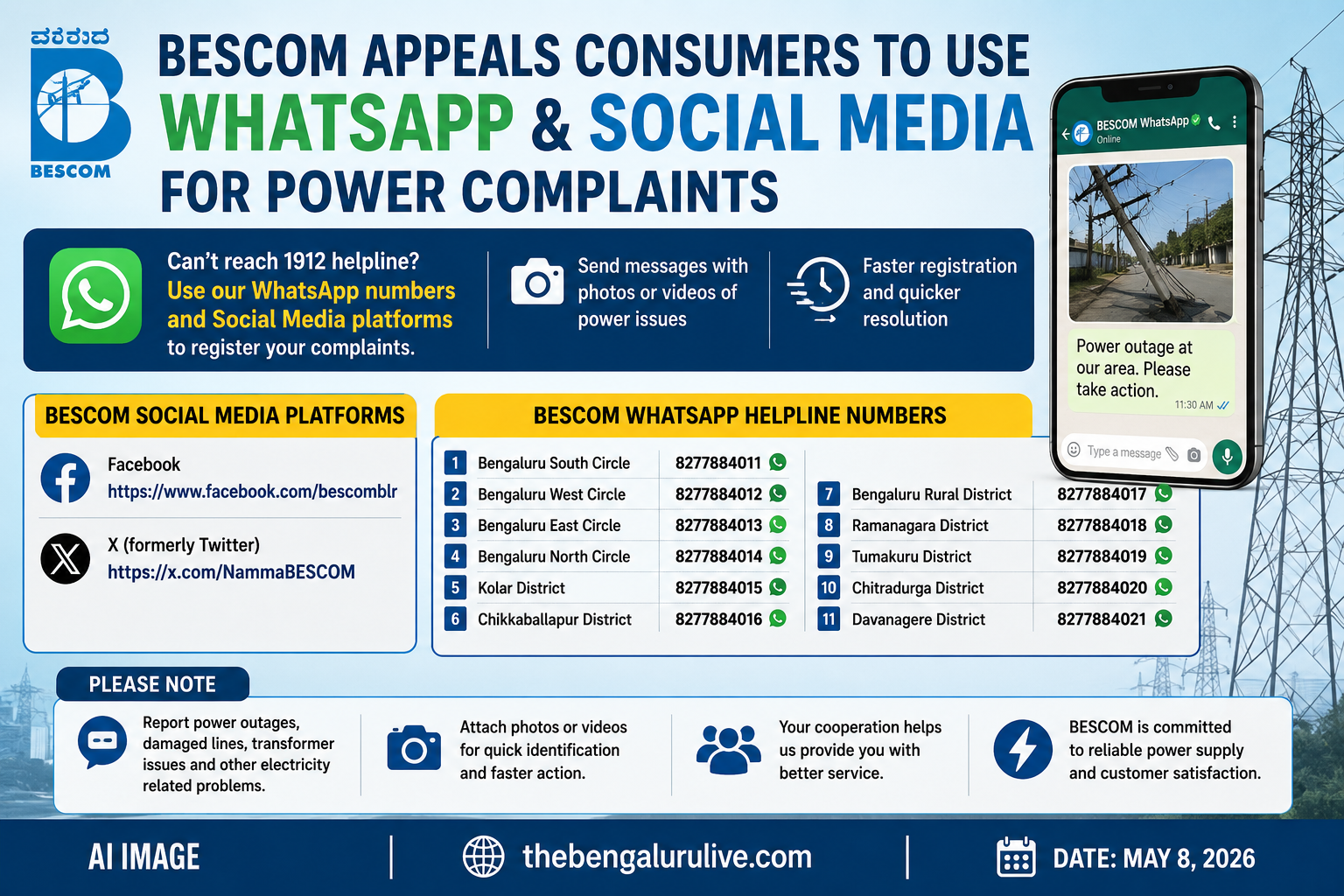 BESCOM Urges Consumers to Use WhatsApp, Social Media for Faster Power Complaint Registration