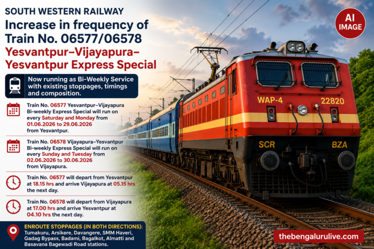 South Western Railway Increases Yesvantpur–Vijayapura Special Train Frequency to Bi-Weekly