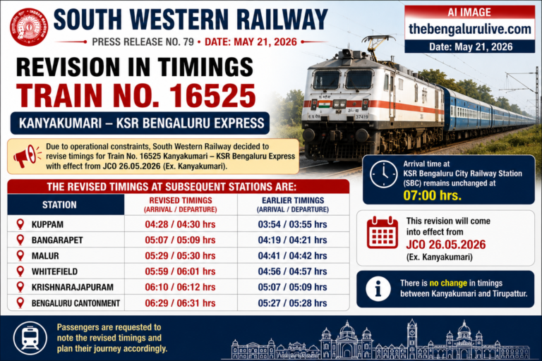 South Western Railway Revises Timings of Kanyakumari–KSR Bengaluru Express From May 26