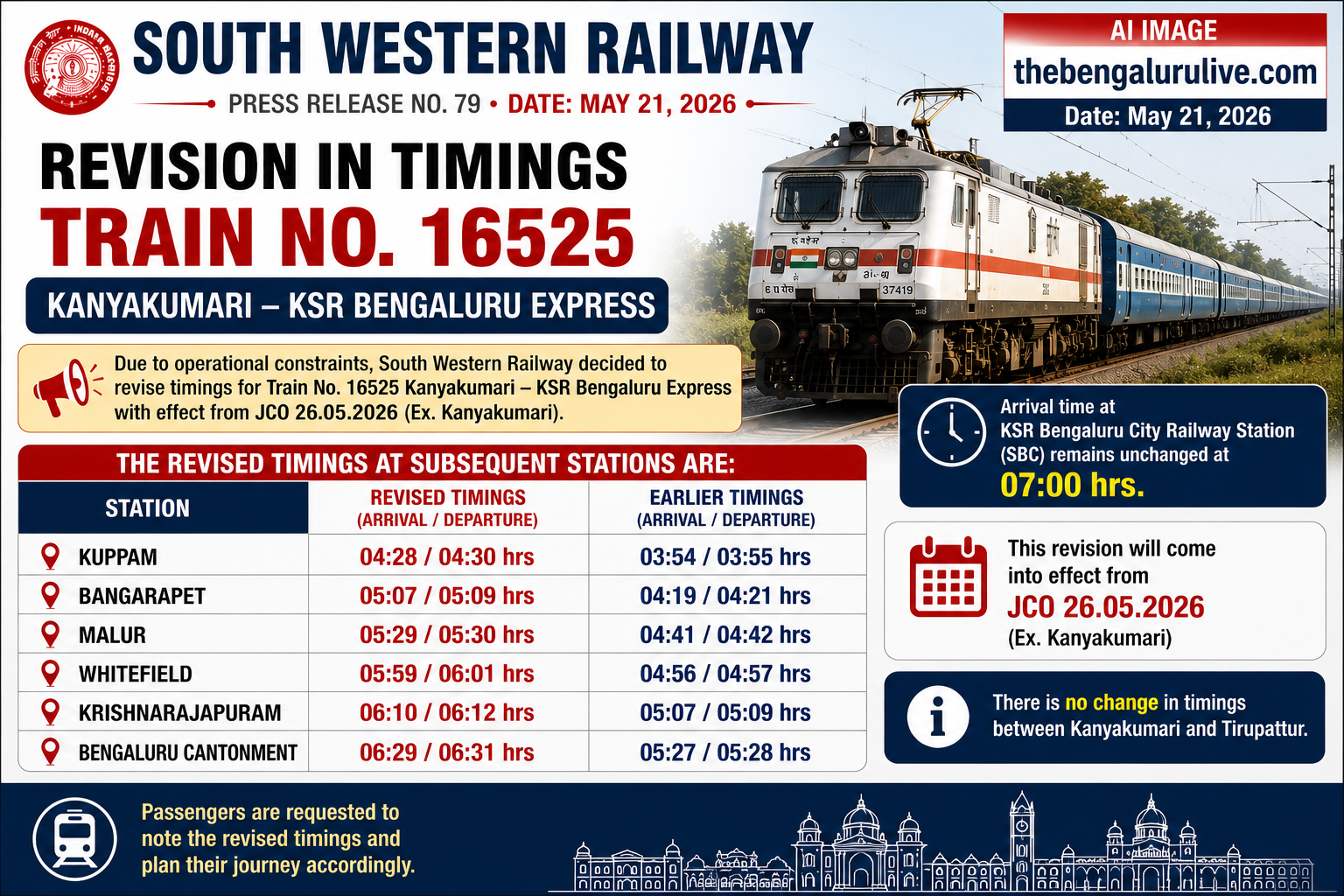 South Western Railway Revises Timings of Kanyakumari–KSR Bengaluru Express From May 26