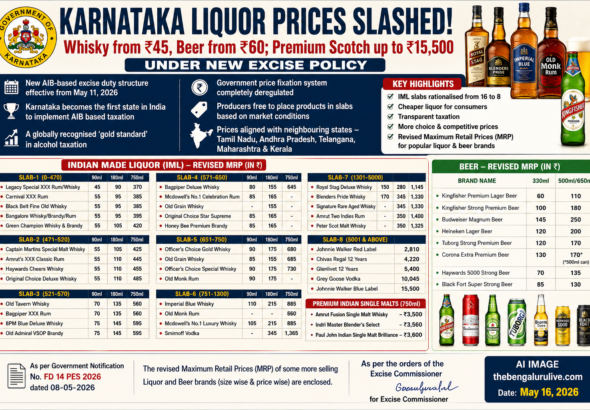 Karnataka Liquor Prices Slashed: Whisky from ₹45, Beer from ₹60, Premium Scotch up to ₹15,500 Under New Excise Policy