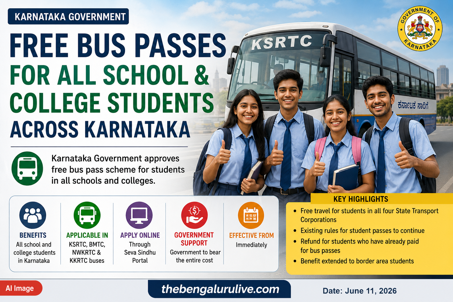 Karnataka Approves Free Bus Passes for All School and College Students Across State