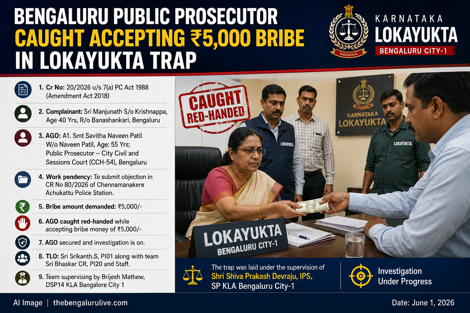 Bengaluru Public Prosecutor Caught Accepting ₹5,000 Bribe in Lokayukta Trap