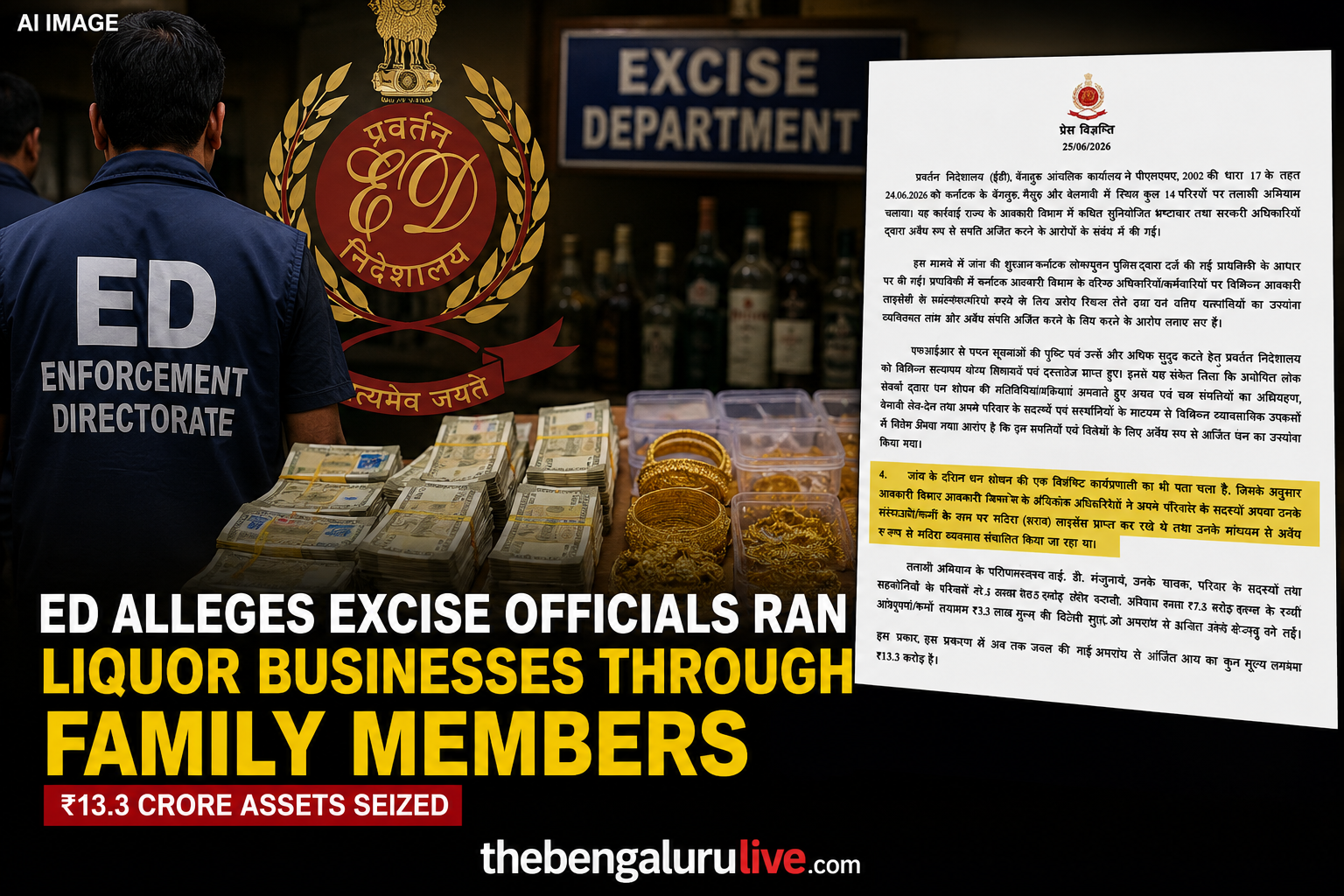 ED Alleges Karnataka Excise Officials Operated Liquor Businesses Through Family Members While Holding Office; ₹13.3 Crore Assets Seized