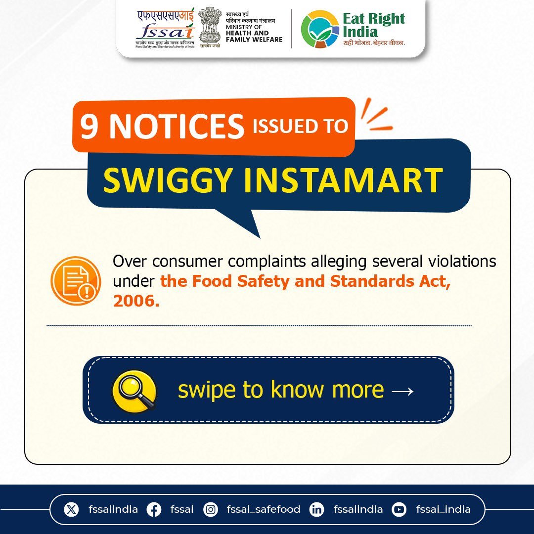 FSSAI Issues 9 Show Cause Notices to Swiggy Instamart Over Alleged Food Safety Violations; Seeks Detailed Compliance Report