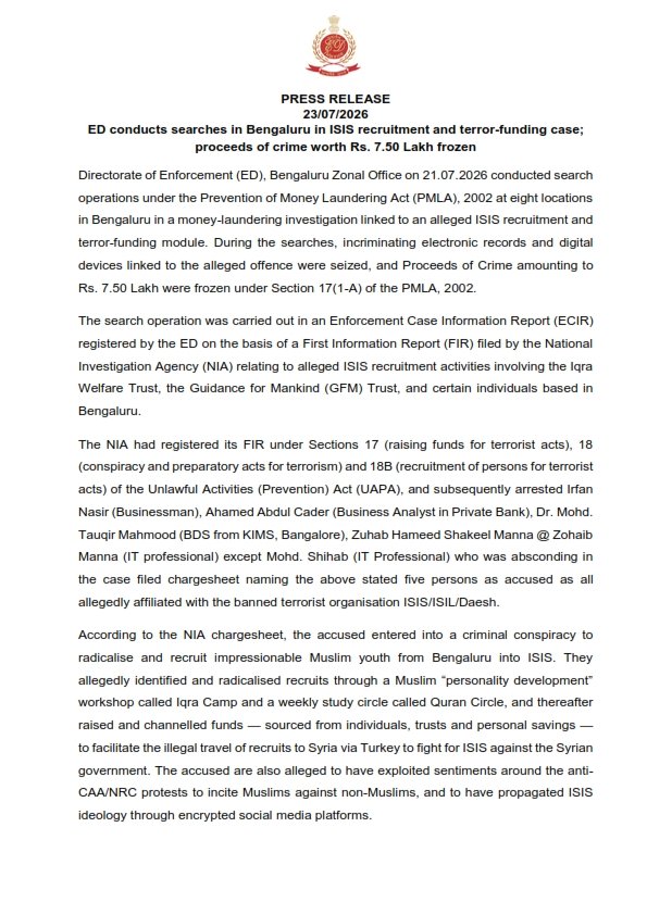 ED Conducts Searches in Bengaluru ISIS Recruitment Case, Freezes Rs 7.5 Lakh Under PMLA