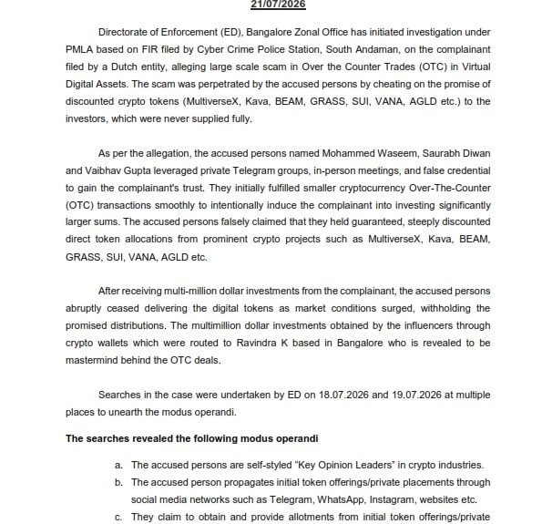 ED Probes USD 35 Million Crypto OTC Scam; Bengaluru-Based Mastermind Among Accused