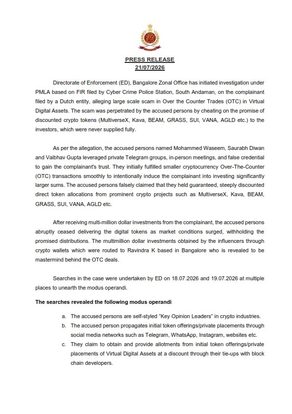 ED Probes USD 35 Million Crypto OTC Scam; Bengaluru-Based Mastermind Among Accused