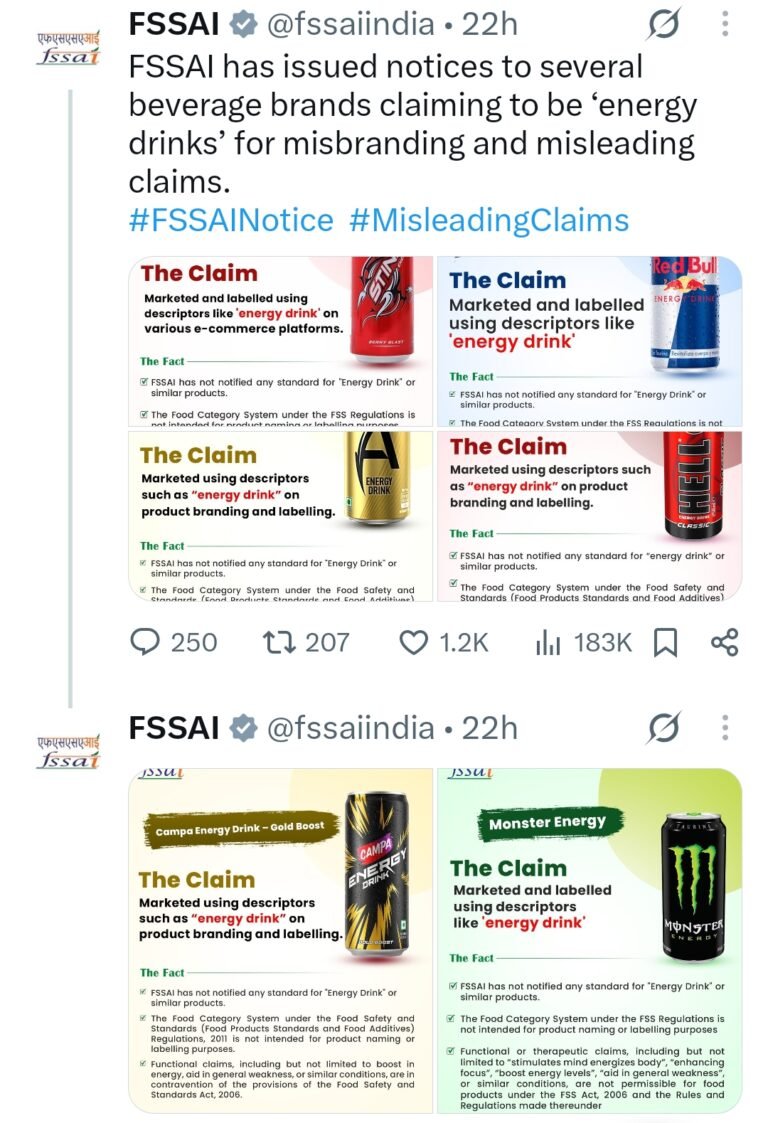 FSSAI Issues Misbranding Notices to Leading Beverage Brands Over ‘Energy Drink’ Claims; Red Bull, Monster, Campa and Others Under Scanner