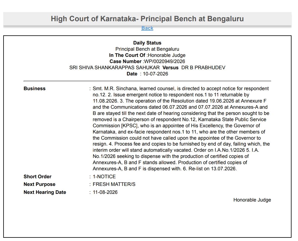 Karnataka High Court Stays KPSC Resolution Seeking Chairperson's Resignation; Interim Relief to Shivashankarappa S. Sahukar 3