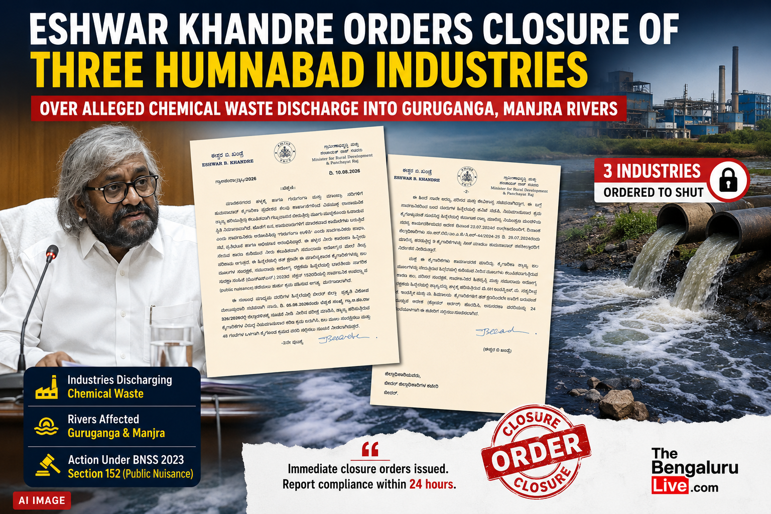 Eshwar Khandre Orders Closure of Three Humnabad Industries Over Alleged Chemical Waste Discharge Into Guruganga, Manjra Rivers
