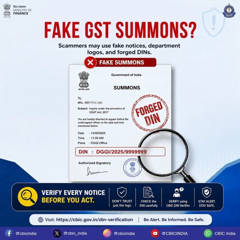 CBIC Warns Taxpayers Against Fake GST Summons Carrying Forged DINs and Department Logos