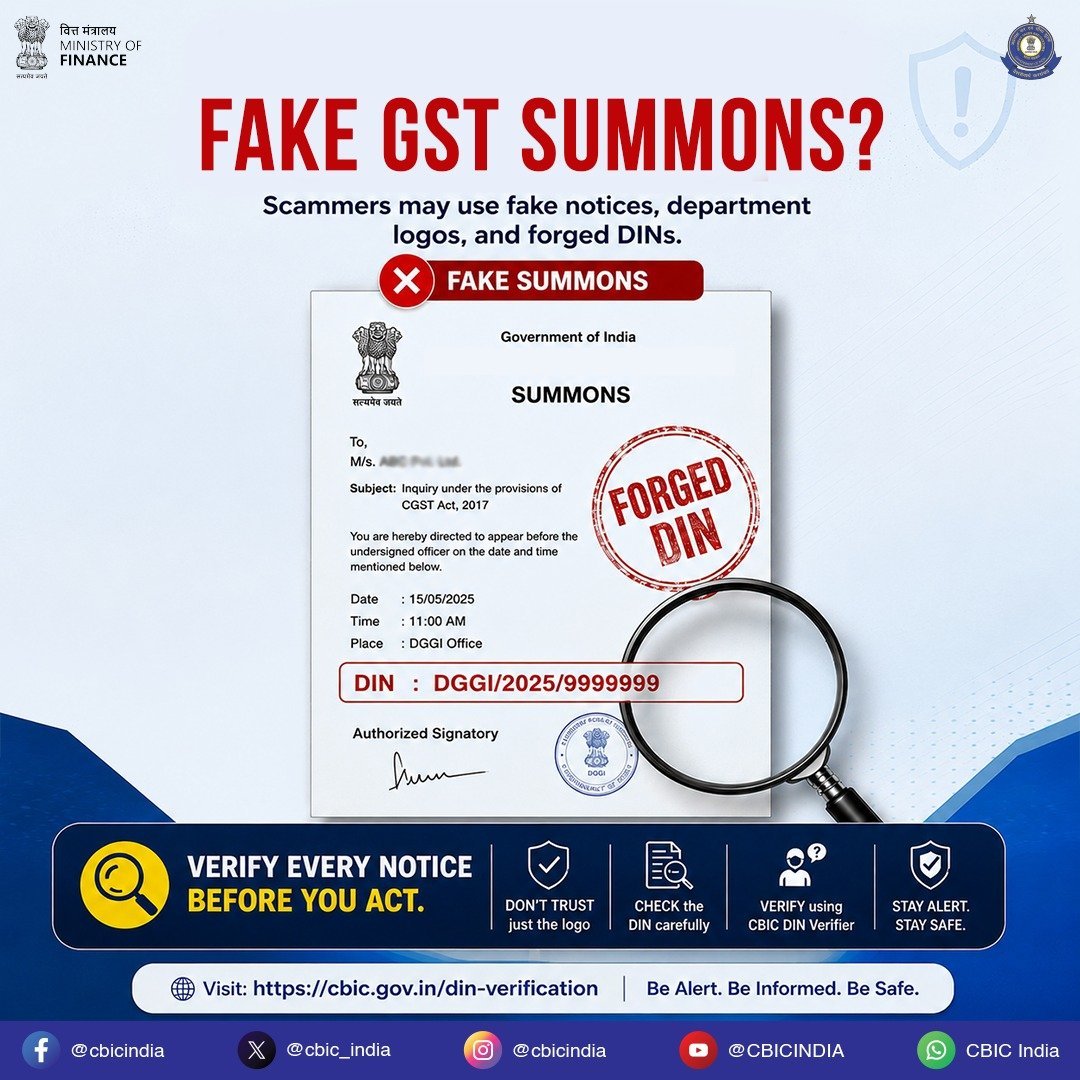CBIC Warns Taxpayers Against Fake GST Summons Carrying Forged DINs and Department Logos