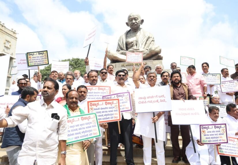 Congress Stages Protest at Vidhana Soudha, Accuses BJP of Disrupting Karnataka Legislature Proceedings