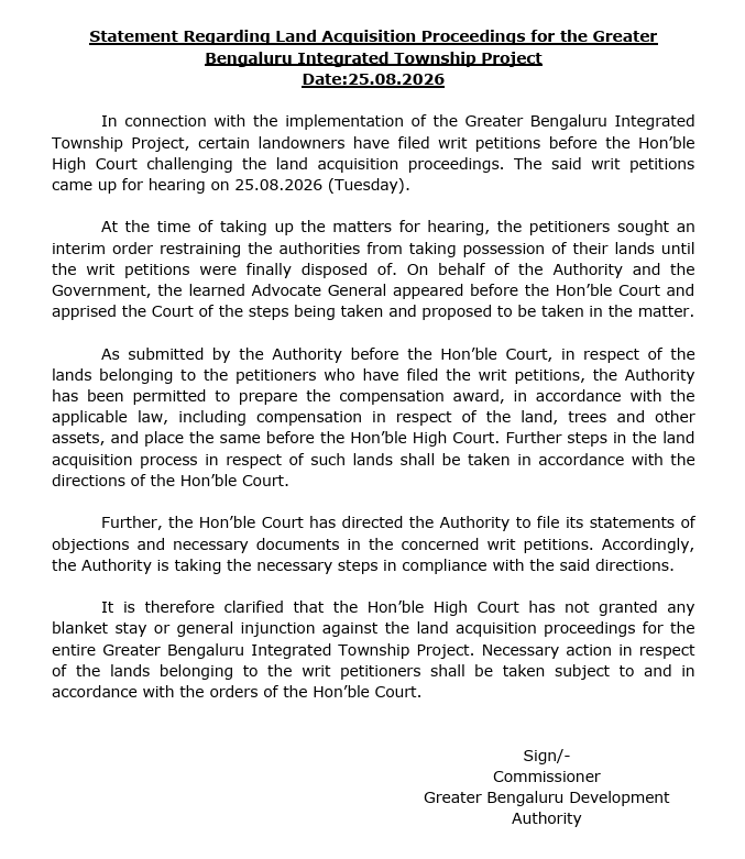 Karnataka High Court Has Not Stayed Land Acquisition for Entire Greater Bengaluru Integrated Township Project: Authority 2 Karnataka High Court Has Not Stayed Land Acquisition for Entire Greater Bengaluru Integrated Township Project: Authority