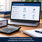 AI-generated illustration of a laptop, calculator and income tax file on a desk