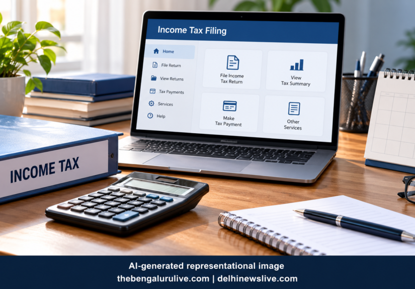 AI-generated illustration of a laptop, calculator and income tax file on a desk