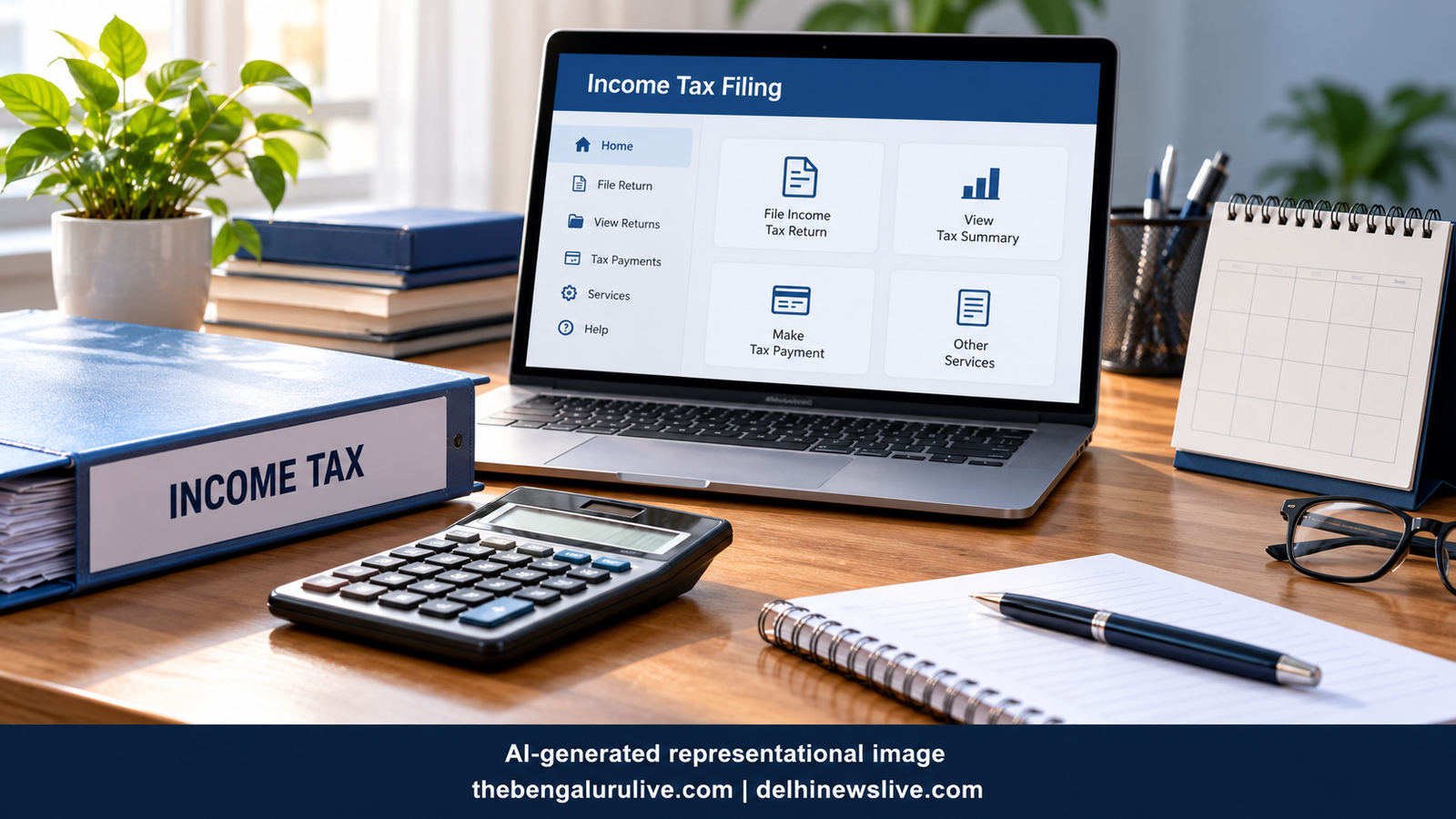 AI-generated illustration of a laptop, calculator and income tax file on a desk