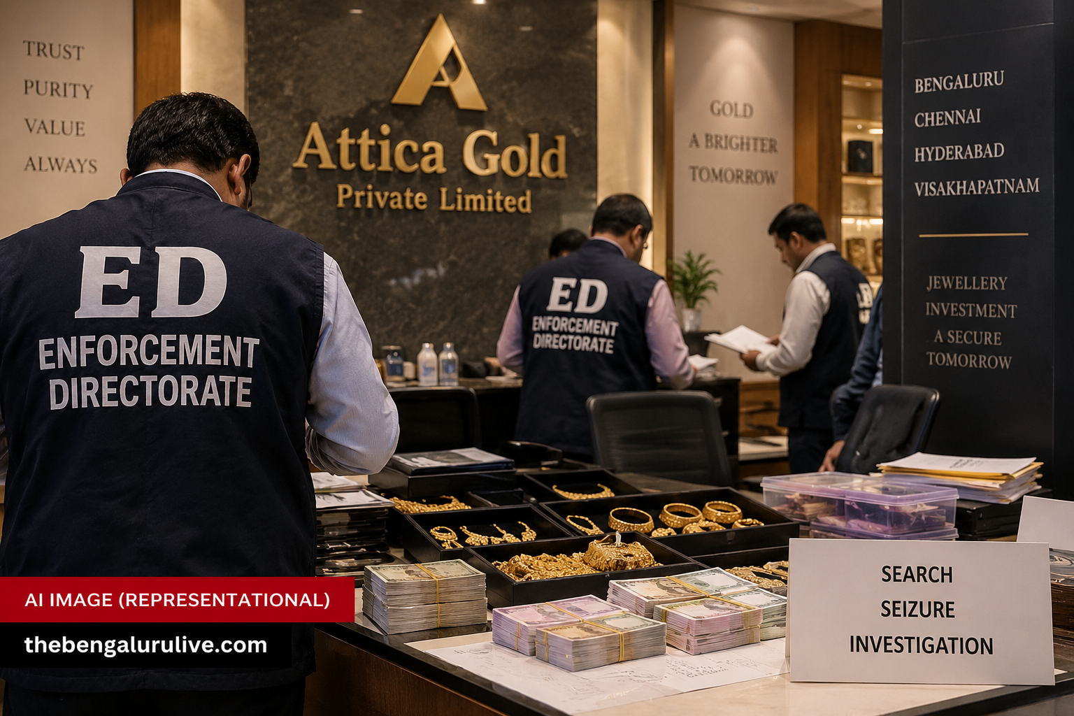 ED Searches 16 Attica Gold Premises in Bengaluru, Chennai, Hyderabad, Visakhapatnam Over Alleged Stolen-Gold Purchases; Cash, Foreign Currency and Jewellery Seized