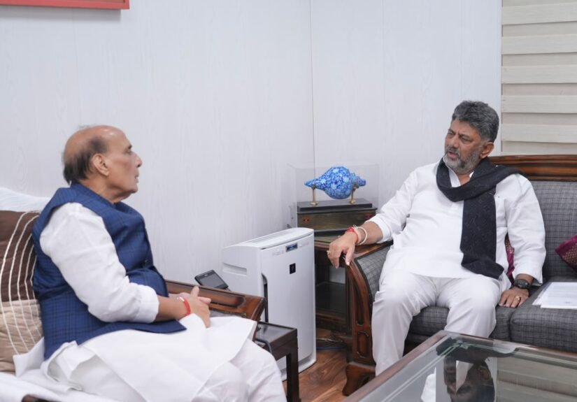 D.K. Shivakumar seated with the Union Defence Minister during their New Delhi meeting