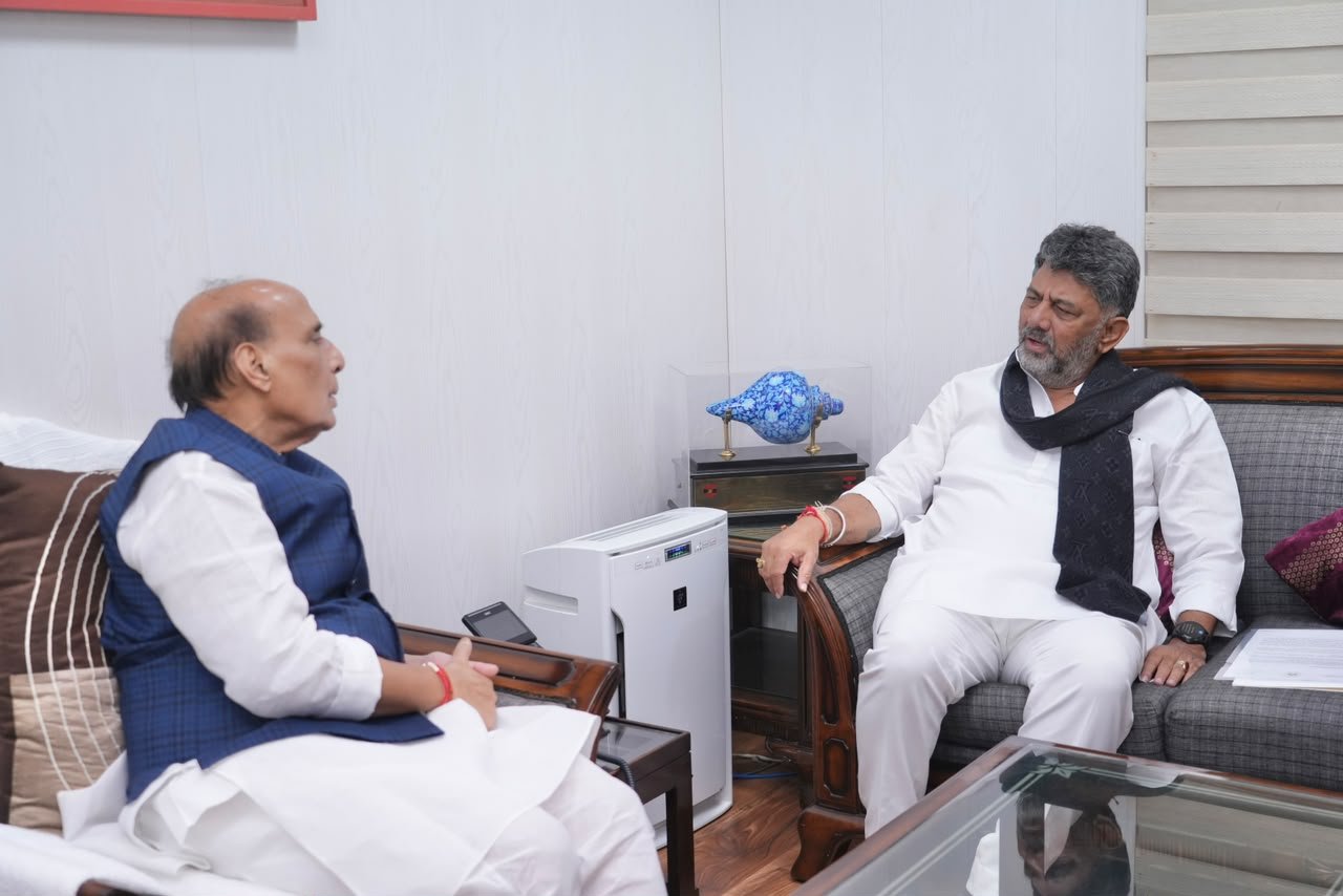 D.K. Shivakumar seated with the Union Defence Minister during their New Delhi meeting
