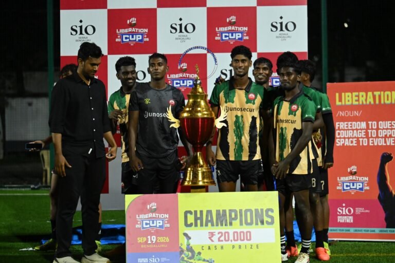 Reds United FC with the Liberation Cup 2026 winners trophy in Bengaluru