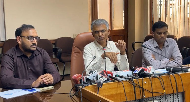 Krishna Byre Gowda addressing a media briefing with officials seated beside him
