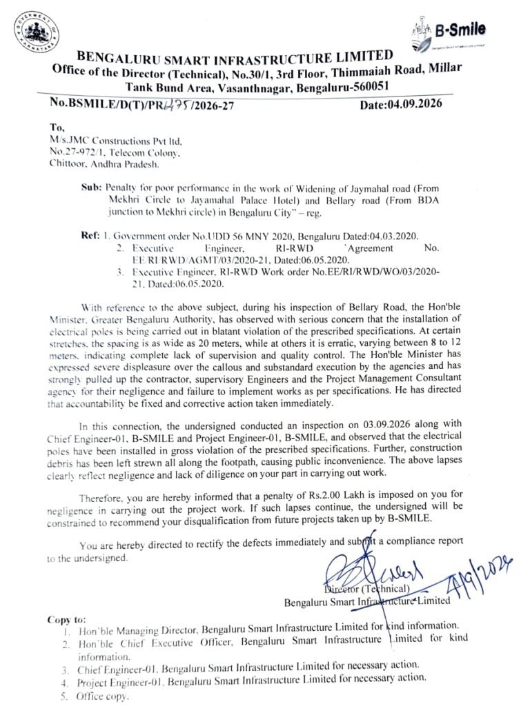 B-SMILE Fines JMC Constructions ₹2 Lakh Over Bellary Road Electrical Pole Work, Warns of Disqualification
