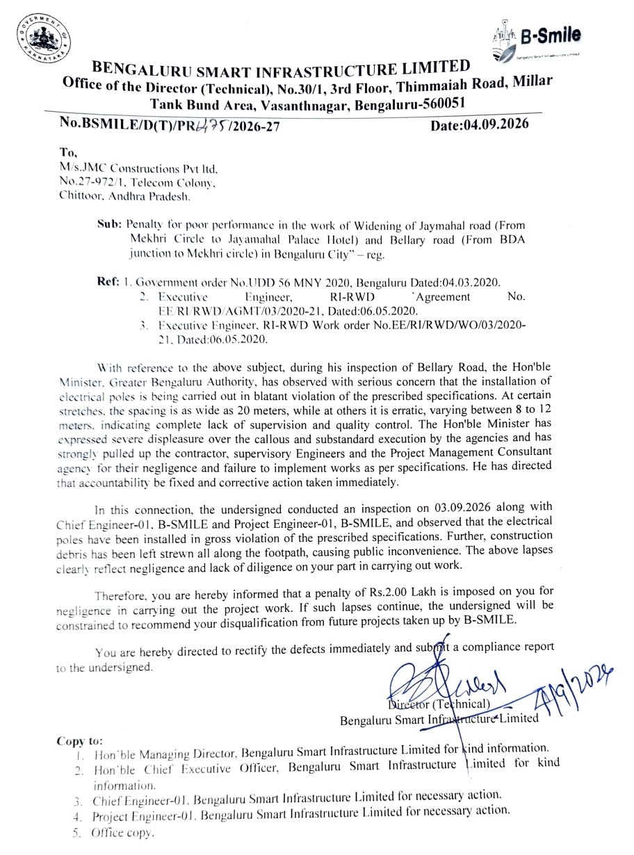 B-SMILE Fines JMC Constructions ₹2 Lakh Over Bellary Road Electrical Pole Work, Warns of Disqualification