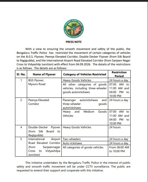 Bengaluru Traffic Police Restricts Vehicle Categories on BGS Flyover, Peenya Elevated Corridor and Airport Road From September 4 2 Bengaluru Traffic Police Restricts Vehicle Categories on BGS Flyover, Peenya Elevated Corridor and Airport Road From September 4