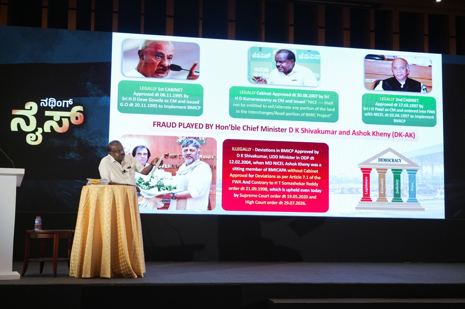 HD Kumaraswamy points to a presentation about BMIC agreements at a press conference