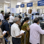 AI-generated illustration of customers queuing at bank counters, labelled thebengalurulive.com | AI image