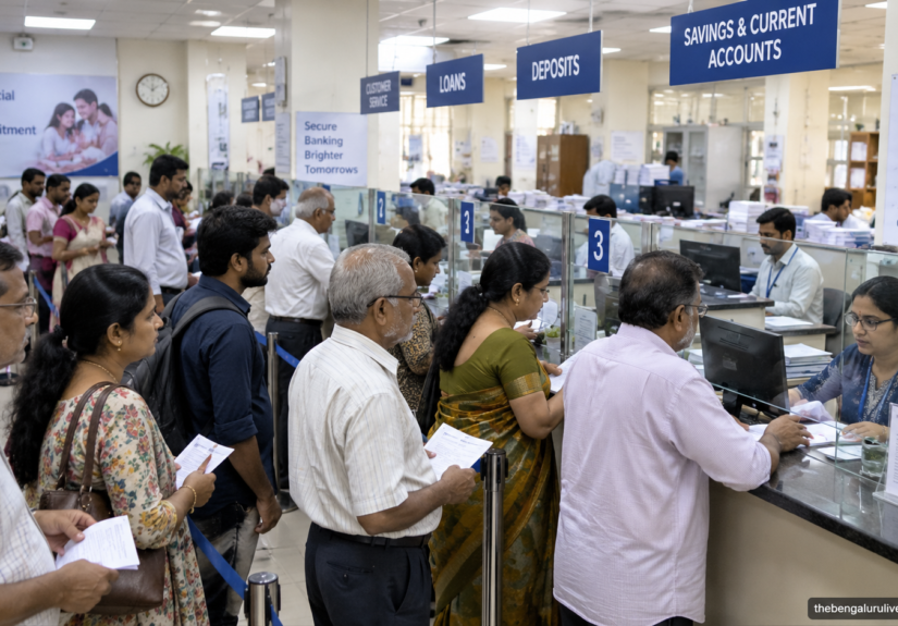 AI-generated illustration of customers queuing at bank counters, labelled thebengalurulive.com | AI image