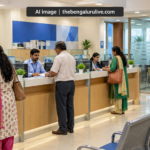 AI-generated representational image of customers at bank counters with an ATM, labelled AI image | thebengalurulive.com