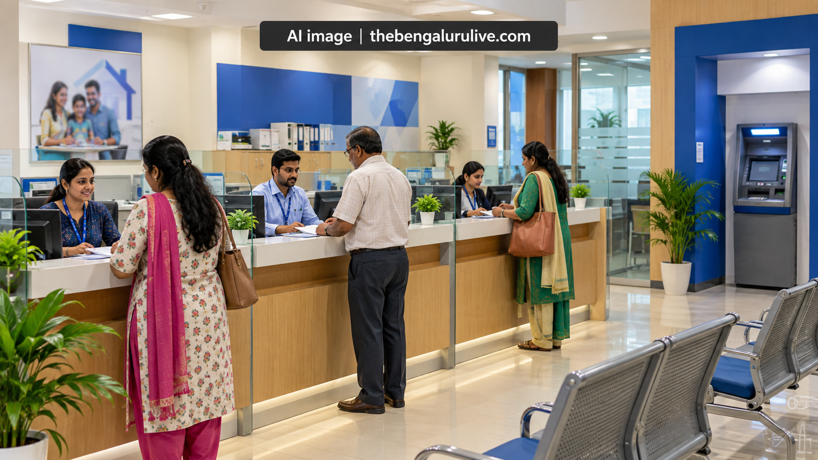 AI-generated representational image of customers at bank counters with an ATM, labelled AI image | thebengalurulive.com
