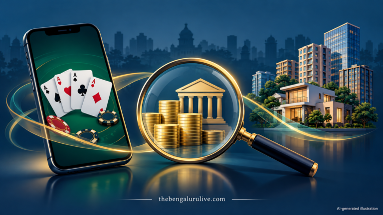 AI-generated illustration of online playing cards, bank deposits and property assets under investigation.