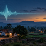 AI-generated representational illustration of a seismograph waveform over an intact Karnataka village