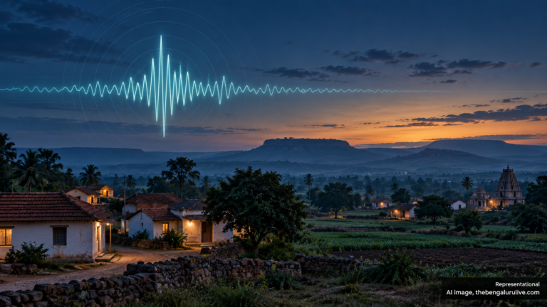 AI-generated representational illustration of a seismograph waveform over an intact Karnataka village