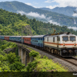 AI-generated representative image of an express train in green hills, labelled AI image and thebengalurulive.com.