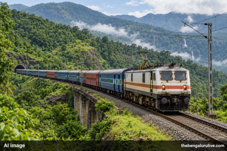 AI-generated representative image of an express train in green hills, labelled AI image and thebengalurulive.com.