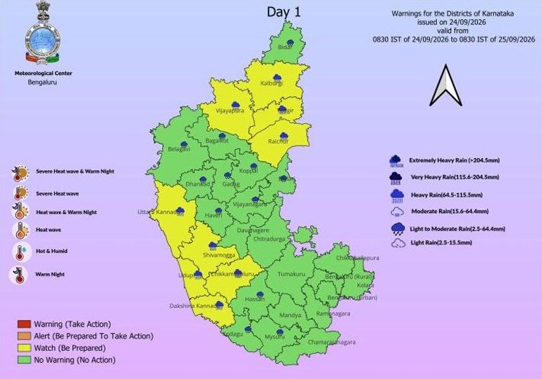 IMD Karnataka district rainfall warning map valid September 24–25, 2026