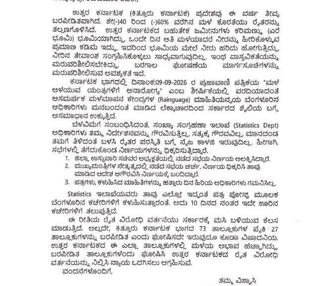 H.K. Patil’s September 19, 2026 letter to Chief Minister D.K. Shivakumar on drought assessment in North Karnataka